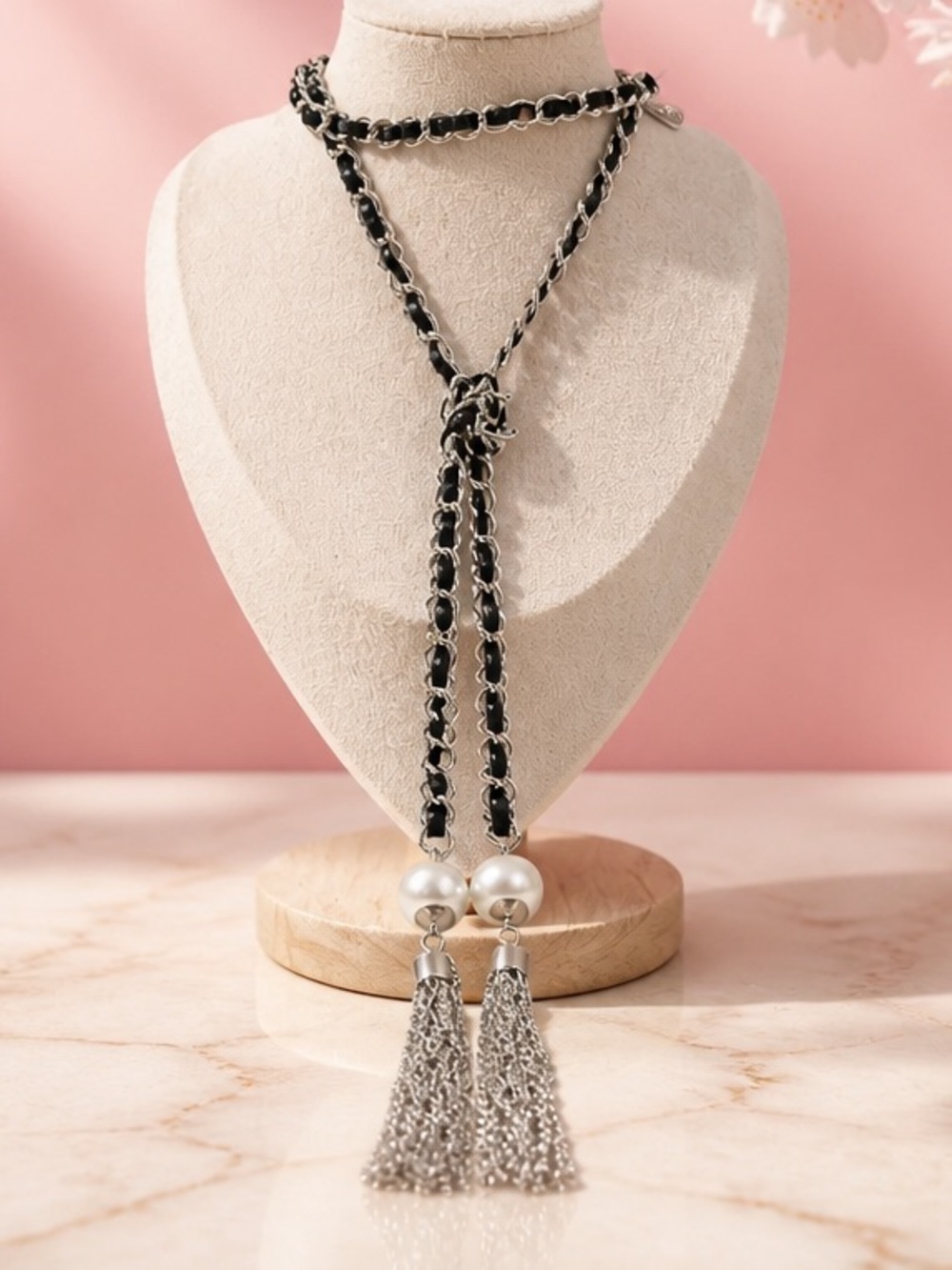 Colori Signed Black Ribbon Faux Pearl Tassel Lariat Necklace